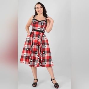 Plaid Heart Black White Red Retro Vintage Swing Dress Collectif Valentine's Day